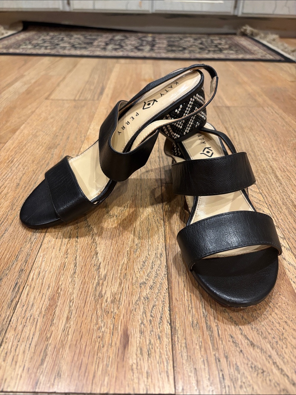 Katy Perry Collections Black Strappy Block Heel Sandals with Patterned Heel